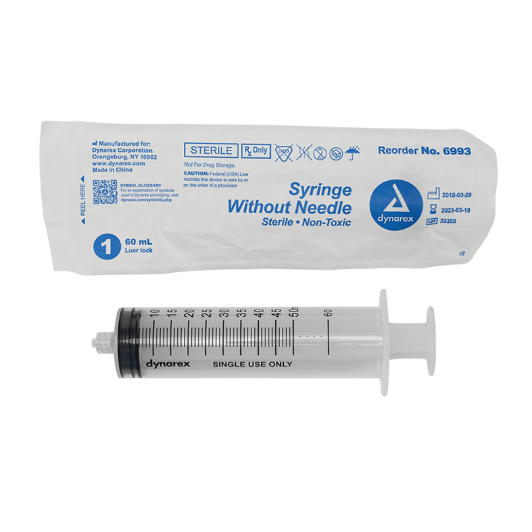 A 60 mL Dynarex Syringes Without Needle is displayed next to its blue and white sterile packaging, which lists product details and the reorder number 6993. Ideal for medication dosing.